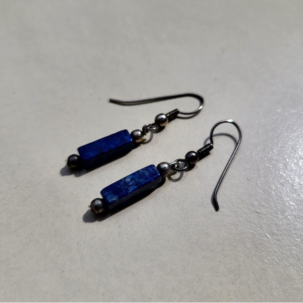 Vintage Lapis Lazuli Dangle Earrings Blue Rectangular Stone Drop Silver Tone